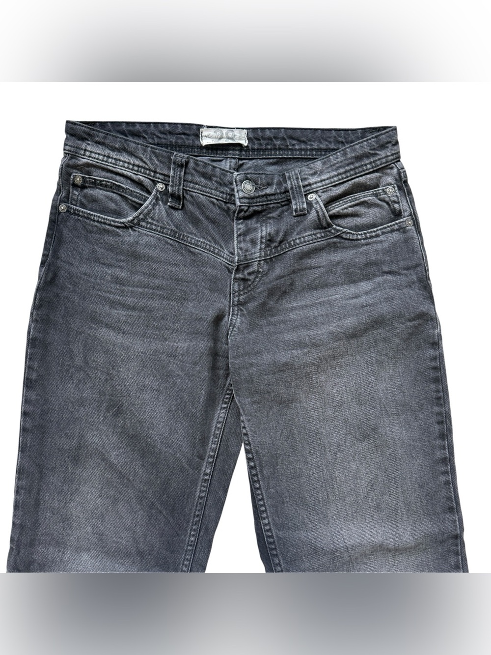Free People We The Free Shelby Jeans 28 Black Flare Raw Hem Button Fly Denim Y2K - Picture 2 of 14